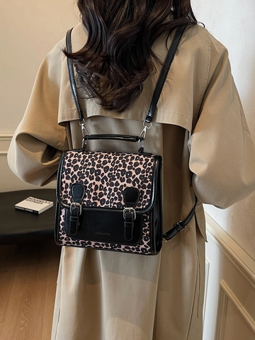 Mode Rucksack Leopard Print PU Leder Vintage Umhängetasche Klein Mit Plüsch Anhänger Für Damen