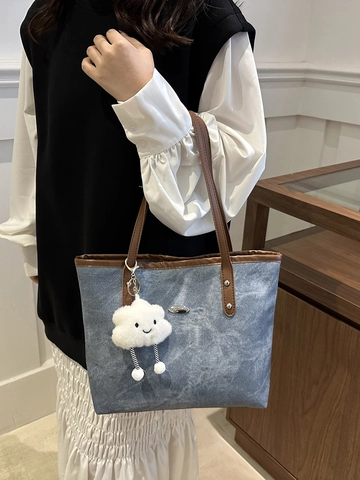 Grande Borsa Tote In Denim Lavato E Pelle PU Per Ufficio Lavoro Retro Semplice Moda Donna Con Ciondolo A Nuvola