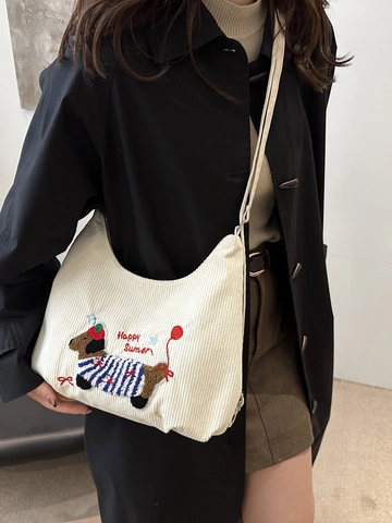 Borsa Hobo In Velluto A Coste Ricamata Con Bassotto Carino Borsa A Spalla Casual Grande Capacità Per Donne Studentesse Happy Summer