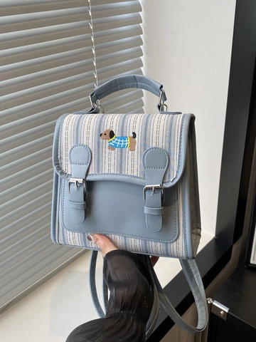 Vintage Streifen Leinwand PU Spleißen Rucksack Damen Mode Stickerei Hund Muster Umhängetasche Reise Kleine Schultertasche