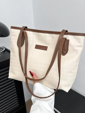 Women Large Tote Bag PU Leather Embossed Star Pattern Contrast Color Commuter Shoulder Handbag Simple Versatile Style