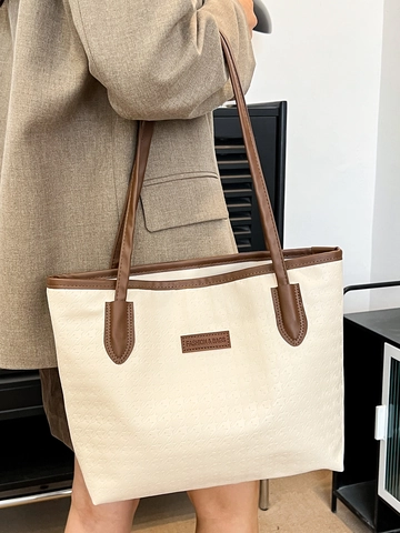 Women Large Tote Bag PU Leather Embossed Star Pattern Contrast Color Commuter Shoulder Handbag Simple Versatile Style