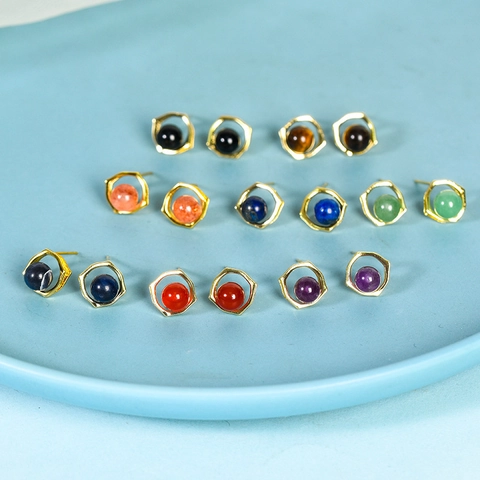 Natural Crystal Stone Stud Earrings Alloy Geometric Frame Cat Moon Shapes Multi Color Sweet Minimalist Jewelry Women