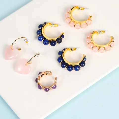 Natural Crystal Semi-Precious Stone Earrings And Adjustable Open Ring Collection For Women Amethyst Rose Quartz Animal Heart Designs