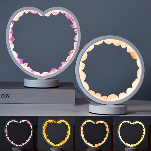 Natural Raw Crystal Stone Night Light USB Powered Heart Round Table Lamp Amethyst Rose Quartz Citrine Decor Lighting Gift