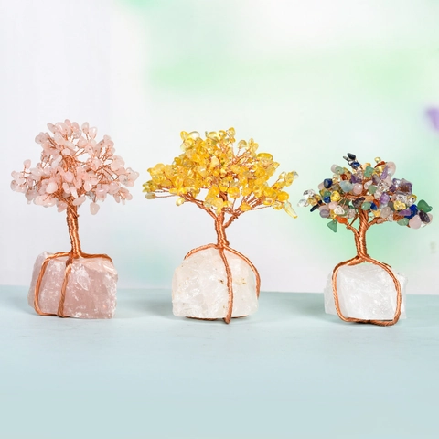 Handmade Natural Crystal Tree Of Life Ornament With Copper Wire Wrapped Rough Stone Base Healing Gemstone Money Tree Home Office Desk Decoration