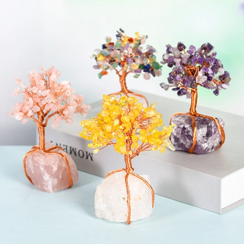 Handmade Natural Crystal Tree Of Life Ornament With Copper Wire Wrapped Rough Stone Base Healing Gemstone Money Tree Home Office Desk Decoration