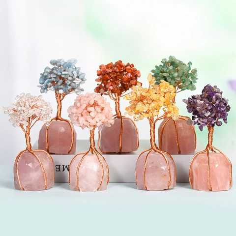 Árbol de la Vida Artesanal de Piedra de Cristal Natural Base de Cuarzo Rosa Envuelto en Alambre de Cobre para Decoración de Escritorio Hogar Oficina Regalo de Suerte