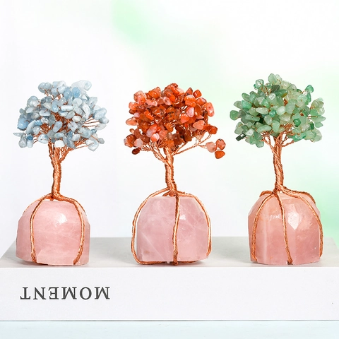Árbol de la Vida Artesanal de Piedra de Cristal Natural Base de Cuarzo Rosa Envuelto en Alambre de Cobre para Decoración de Escritorio Hogar Oficina Regalo de Suerte