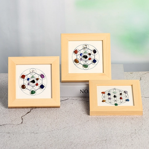 Metatron's Cube Sacred Geometry Wood Frame Natural Crystal Stone Healing Meditation Art Desktop Decor Housewarming Gift