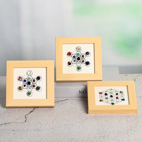 Metatron's Cube Sacred Geometry Wood Frame Natural Crystal Stone Healing Meditation Art Desktop Decor Housewarming Gift
