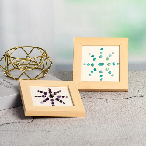 Marco de Madera con Estrella de Cristal Natural Decoración de Escritorio Minimalista Hecho a Mano Ornamento de Piedra