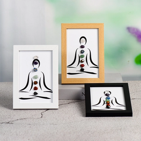 Natural Seven Chakra Stones Yoga Meditation Wood Frame Healing Crystal Mandala Decorative Picture Frame For Home Office Ornament
