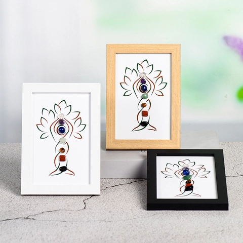 Chakra Tree Of Life Natural Crystal Stone Wooden Photo Frame Decor Yoga Figure Meditation Art Energy Desktop Ornament