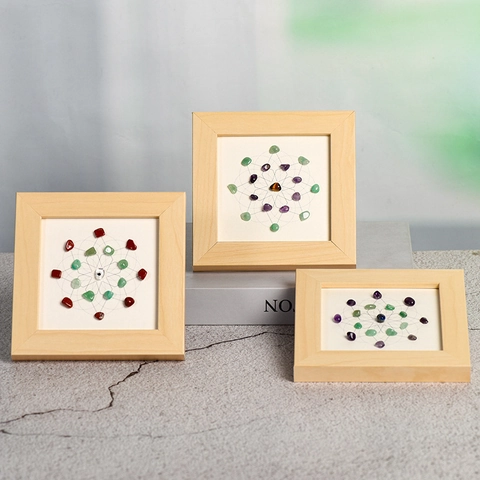 Natürlicher Kristallstein Energiegitter Deko-Bilderrahmen Holz Mandala Heilige Geometrie Heilendes Ornament Zuhause Deko