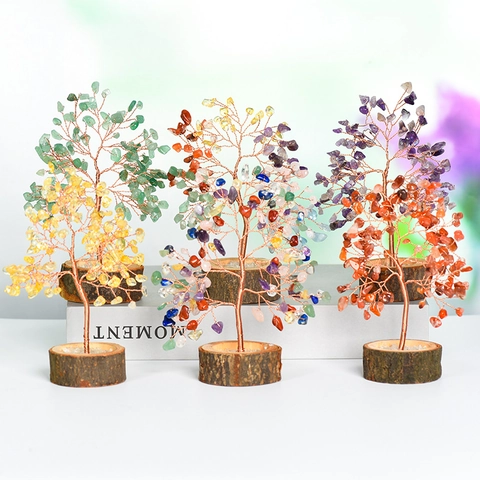 Handmade Natural Crystal Stone Money Tree With Solid Wood Base Copper Wire Wrapped Gemstone Tree Desktop Ornament Home Office Decor