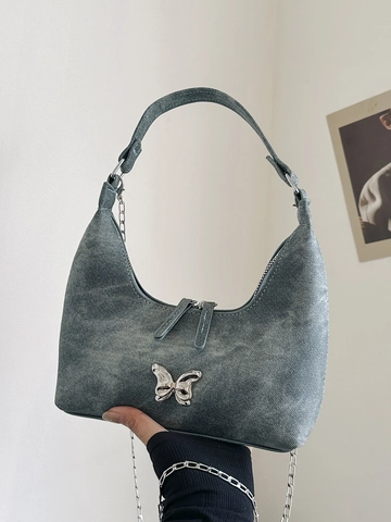 Women Butterfly Metal Buckle Denim PU Leather Shoulder Bag Y2K Hobo Underarm Bag With Chain Strap Fashion Crossbody Handbag