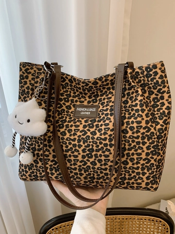 Damen Vintage Leopardenmuster Segeltuch Tragetasche Große Kapazität Pendeln Schultertasche Mit Wolken Anhänger Retro Handtasche