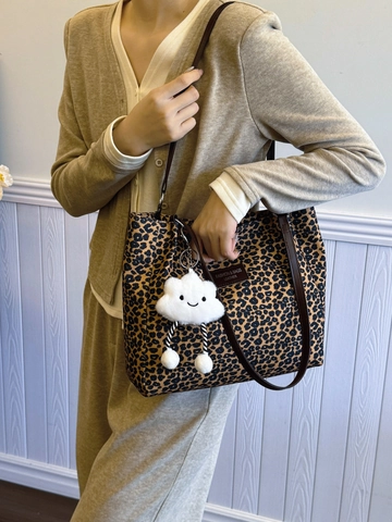 Damen Vintage Leopardenmuster Segeltuch Tragetasche Große Kapazität Pendeln Schultertasche Mit Wolken Anhänger Retro Handtasche