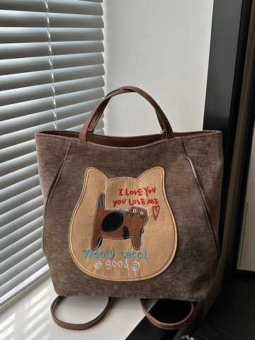Damen Totebag Cord Große Kapazität Katzen-Patch-Stickerei Retro-Mode Lässige Tägliche Schulterhandtasche