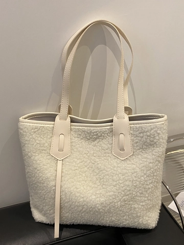 Women Plush Tote Bag Faux Lamb Wool Large Capacity PU Leather Handle Zipper Minimalist Autumn Winter Shoulder Handbag