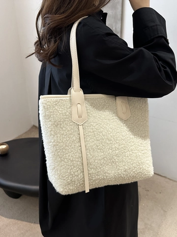 Women Plush Tote Bag Faux Lamb Wool Large Capacity PU Leather Handle Zipper Minimalist Autumn Winter Shoulder Handbag