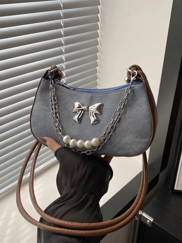 Women Underarm Shoulder Bag Bow Metal Decor Faux Artificial Pearl Chain Denim Canvas PU Leather Y2K Retro Half Moon Hobo Bag