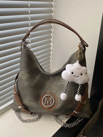 Vintage Large Capacity Denim Canvas Shoulder Bag For Women Washed Hobo Tote With M Logo Metal Chain And Cloud Charm Backpack