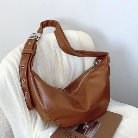 Bolso Hobo de Media Luna de Cuero PU Retro para Mujer Bolso de Hombro Casual de Gran Capacidad Con Correa Ancha Ajustable Color Sólido