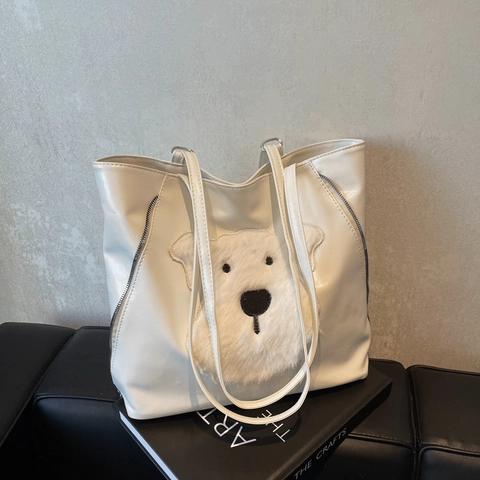 Borsa Tote da Donna alla Moda in Pelle PU Grande Capacità Con Toppa Cane in Peluche Borsa a Spalla Casual Stile Urbano
