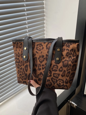 Γυναικεία Vintage Τσάντα Tote από Καμβά με Λεοπάρ Σχέδιο Μεγάλης Χωρητικότητας Τσάντα Ώμου με Μαύρα Λουριά από Δέρμα και Διακόσμηση με Πριτσίνια Μοντέρνα Τσάντα Χειρός