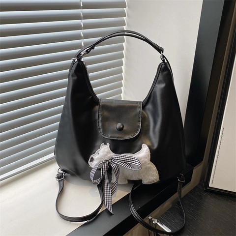 Vintage PU Leather Shoulder Bag For Women Hobo Bag With Plush Puppy Patch And Check Bow Chic Commuting Daily Handbag