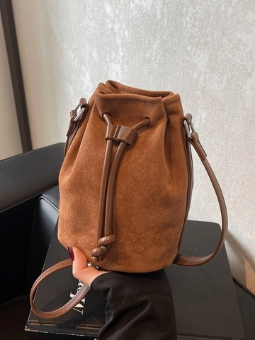 Bolso Cubo De Gamuza Cordón Bandolera Vintage Color Sólido Bolso De Mano Mujer