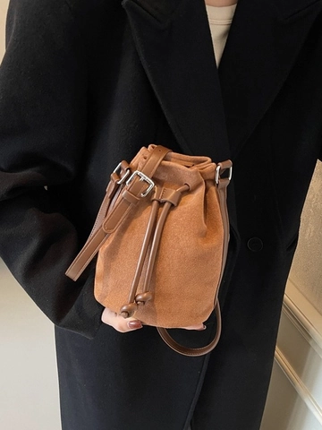 Bolso Cubo De Gamuza Cordón Bandolera Vintage Color Sólido Bolso De Mano Mujer