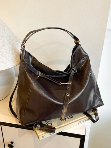 Vintage Large Capacity Women PU Leather Tote Bag Maillard Style Hobo Shoulder Bag with Adjustable Strap Commute Handbag