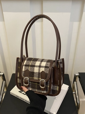 Bolso de Axila de Lana a Cuadros Vintage para Mujer Bolso de Hombro Cuadrado Retro Pequeño Con Doble Hebilla Ribete de Cuero Artificial