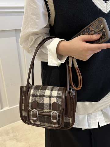 Bolso de Axila de Lana a Cuadros Vintage para Mujer Bolso de Hombro Cuadrado Retro Pequeño Con Doble Hebilla Ribete de Cuero Artificial