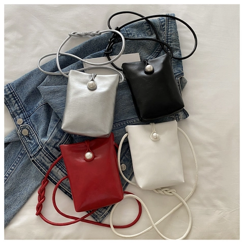 Bolso Bandolera Mini para Móvil Mujer Cuero PU Decoración de Perlas Artificiales Correa Trenzada Bolso de Hombro Minimalista