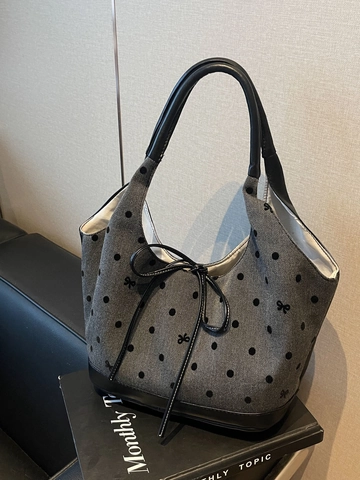 Sac Fourre-Tout En Toile Pour Femmes Sac À Épaule Grande Capacité Avec Fond En Cuir PU Décor Nœud À Pois Carreaux Chic