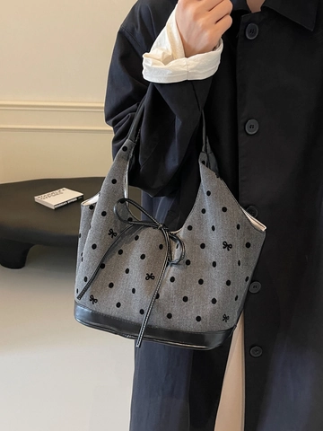 Sac Fourre-Tout En Toile Pour Femmes Sac À Épaule Grande Capacité Avec Fond En Cuir PU Décor Nœud À Pois Carreaux Chic