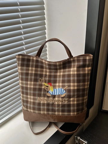 Borsa Tote Zaino In Tela Scozzese Donna Motivo Vintage Con Ricamo Bassotto Patchwork In Pelle Grande