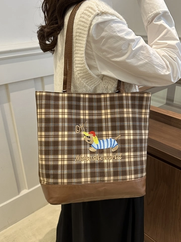 Borsa Tote Zaino In Tela Scozzese Donna Motivo Vintage Con Ricamo Bassotto Patchwork In Pelle Grande