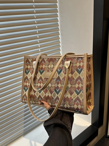 Borsa Tote in Tela a Quadretti da Donna Grande Capacità Motivo Geometrico Borsa a Tracolla da Pendolare Vintage Intrecciata