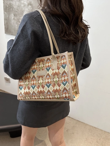 Borsa Tote in Tela a Quadretti da Donna Grande Capacità Motivo Geometrico Borsa a Tracolla da Pendolare Vintage Intrecciata