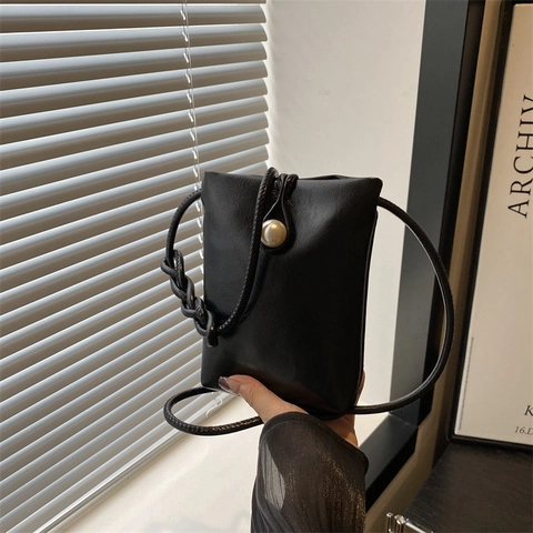 Women Mini Crossbody Phone Bag PU Leather Faux Artificial Pearl Buckle Braided Strap Minimalist Elegant Small Square Purse