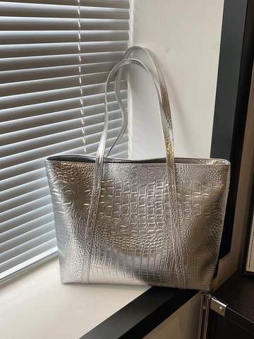 Women Alligator Embossed PU Leather Tote Bag Large Capacity Metallic Shiny Shoulder Handbag Fashion Commuter