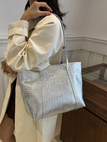 Women Alligator Embossed PU Leather Tote Bag Large Capacity Metallic Shiny Shoulder Handbag Fashion Commuter