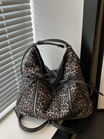 Leopard Print Large Capacity Tote Backpack Women Canvas Multifunctional Shoulder Crossbody Bag With Zipper Bow Detail Retro Casual Bag