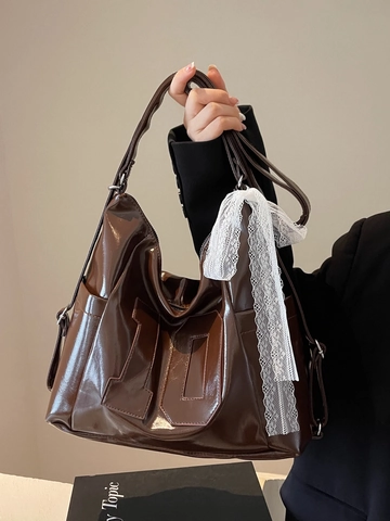 Borsa Tote Donna Grande Capacità Pelle PU Lucida Stile Vernice Con Fiocco In Pizzo Lavoro Pendolare Borsa A Spalla Versatile