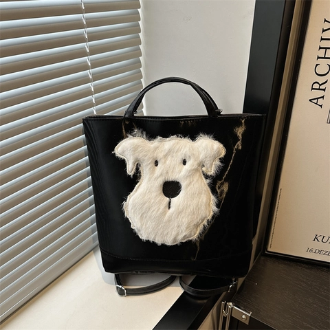 Damen Koreanischer Stil Große Kapazität Einkaufstasche Süßem Plüsch Hund Patch PU Leder Schultertasche Multifunktions Rucksack